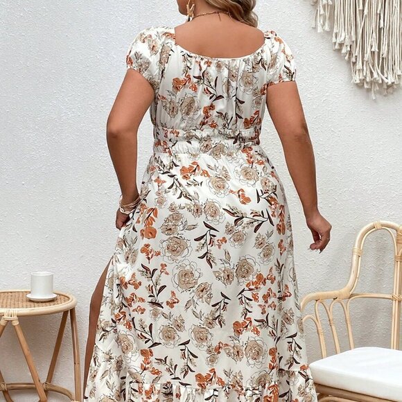 Multicolor Boho Women's Plus Allover Floral Print Ruffle Hem Split Thigh Dress - Picture 2 of 5